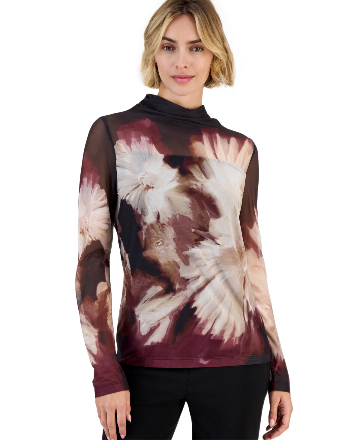 Anne Klein Women's Seamless Sheer Floral Turtleneck