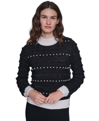 Petite All-Over Imitation Pearl Mock-Neck Long-Sleeve Striped Sweater