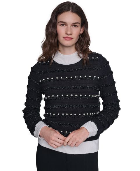 Женский свитер KARL LAGERFELD PARIS Petite All Over Imitation Pearl Mock Neck Long-Sleeve Striped, цвет: Чёрный / Мягкий белый
