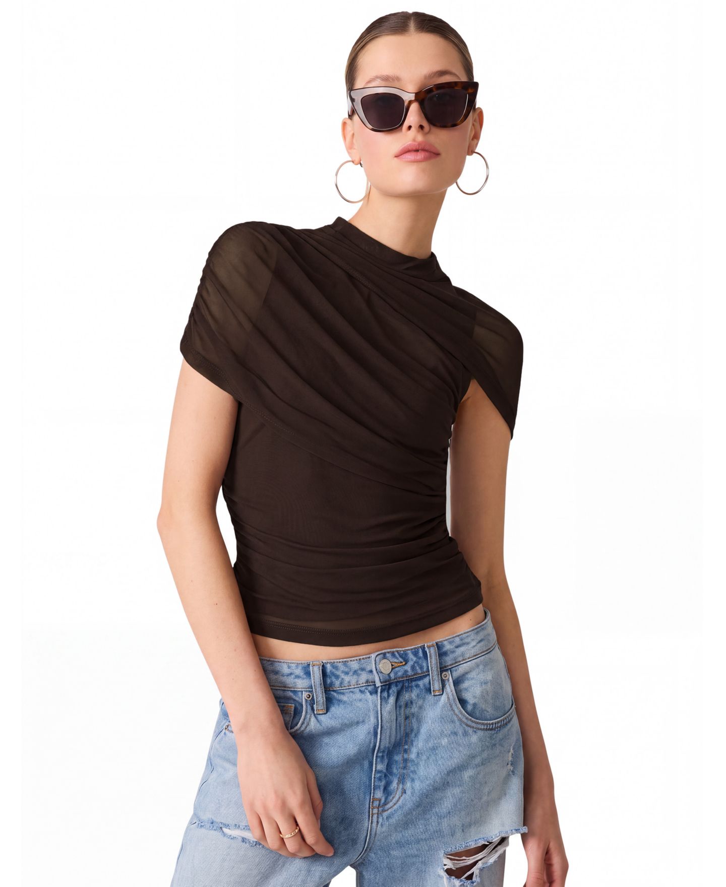 Женский топ Steve Madden Kerry Mock-Neck Ruched Cape-Sleeve, цвет: Коричневый — фото 3