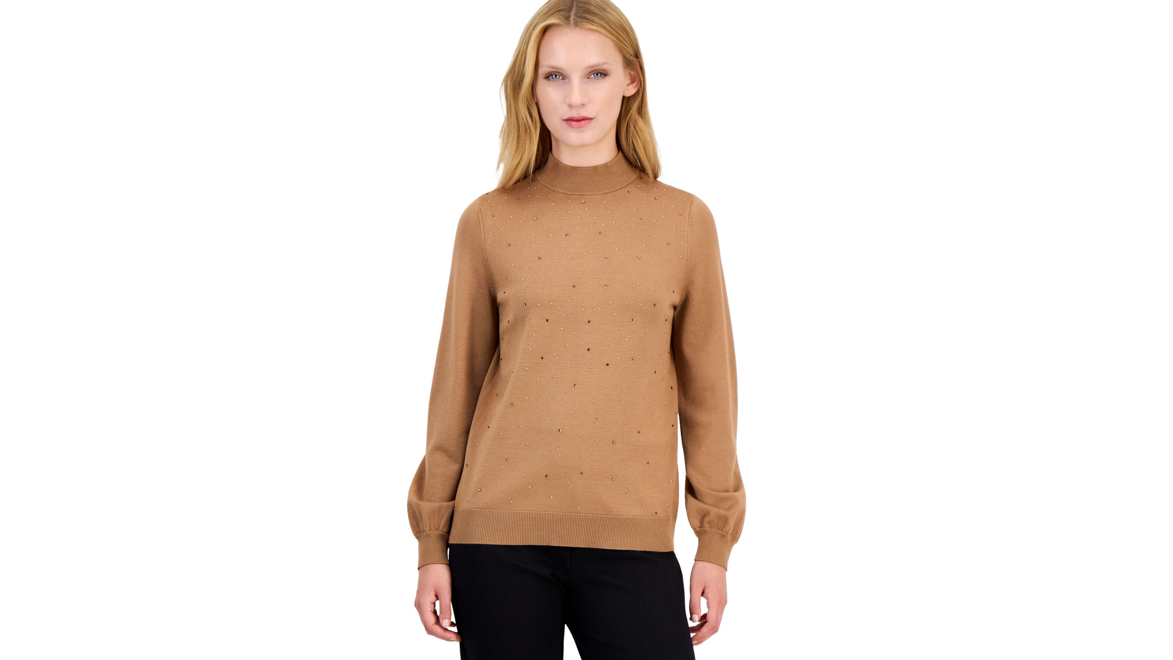 Anne Klein Womens Mock Neck Puff Sleeve Embellished Sweater