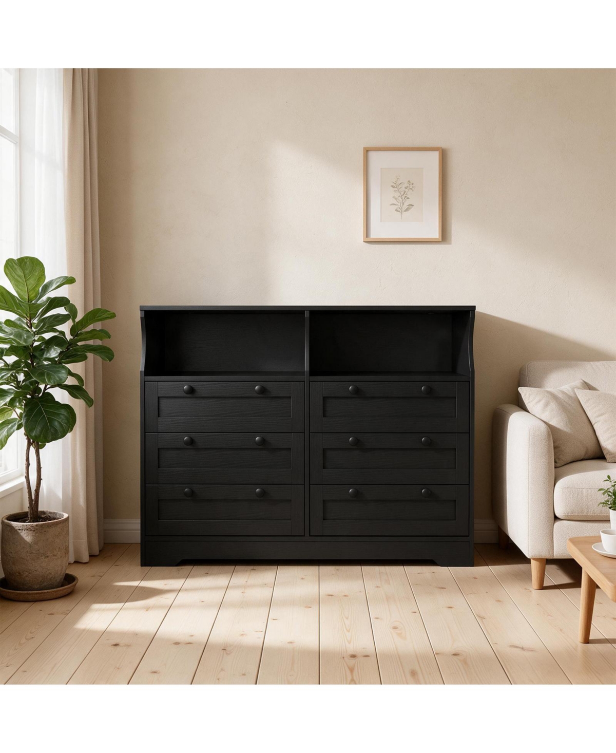 gaomon 55" Dresser with 6 Drawers Rgb Led Charging 2 Open Shelves AntiTip - Black