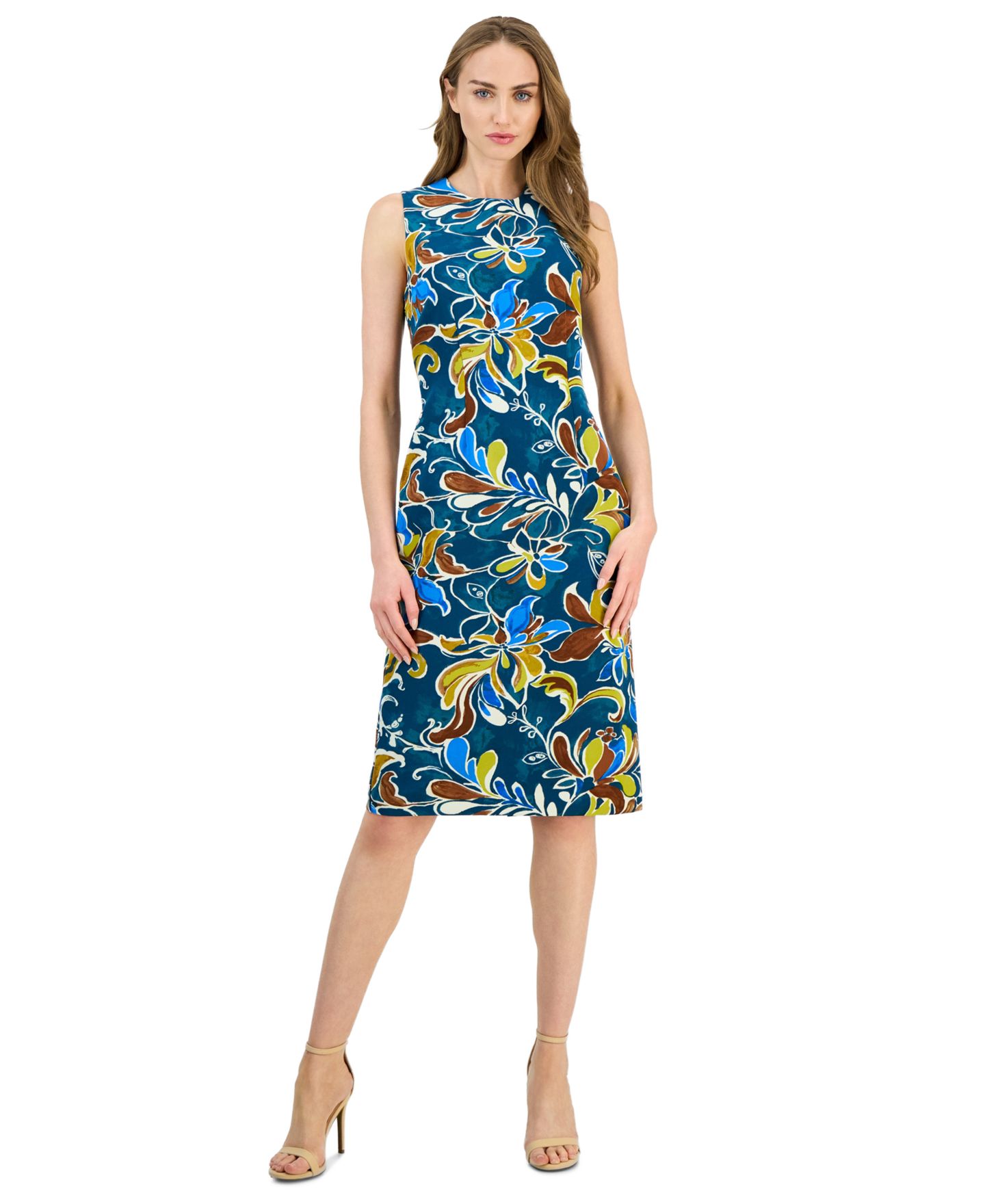 Женское платье Anne Klein Printed Sleeveless Sheath, цвет: Чернильный бирюзовый разноцветный — фото 1