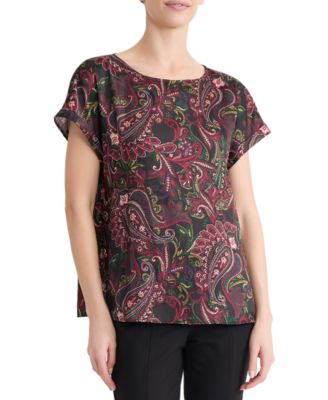 Petite Short-Sleeve Paisley Crew Neck Blouse