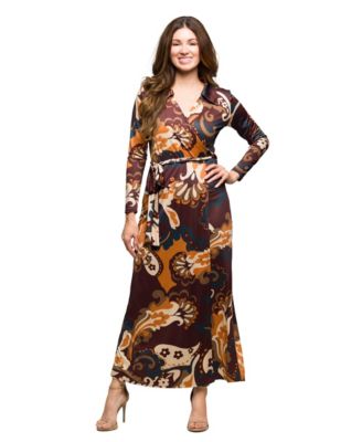 Petite Long-Sleeve V-Neck Wrap Maxi Dress