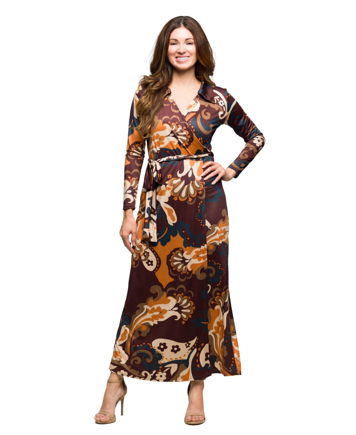 24seven Comfort Apparel Petite Long-Sleeve V-Neck Wrap Maxi Dress - Brown Multi