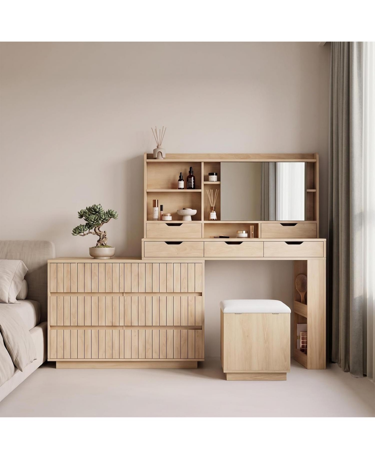 homfan Makeup Vanity with Mirror and 11 Drawers, Corner Dresser Table for Bedroom, Ample Storage - Natural