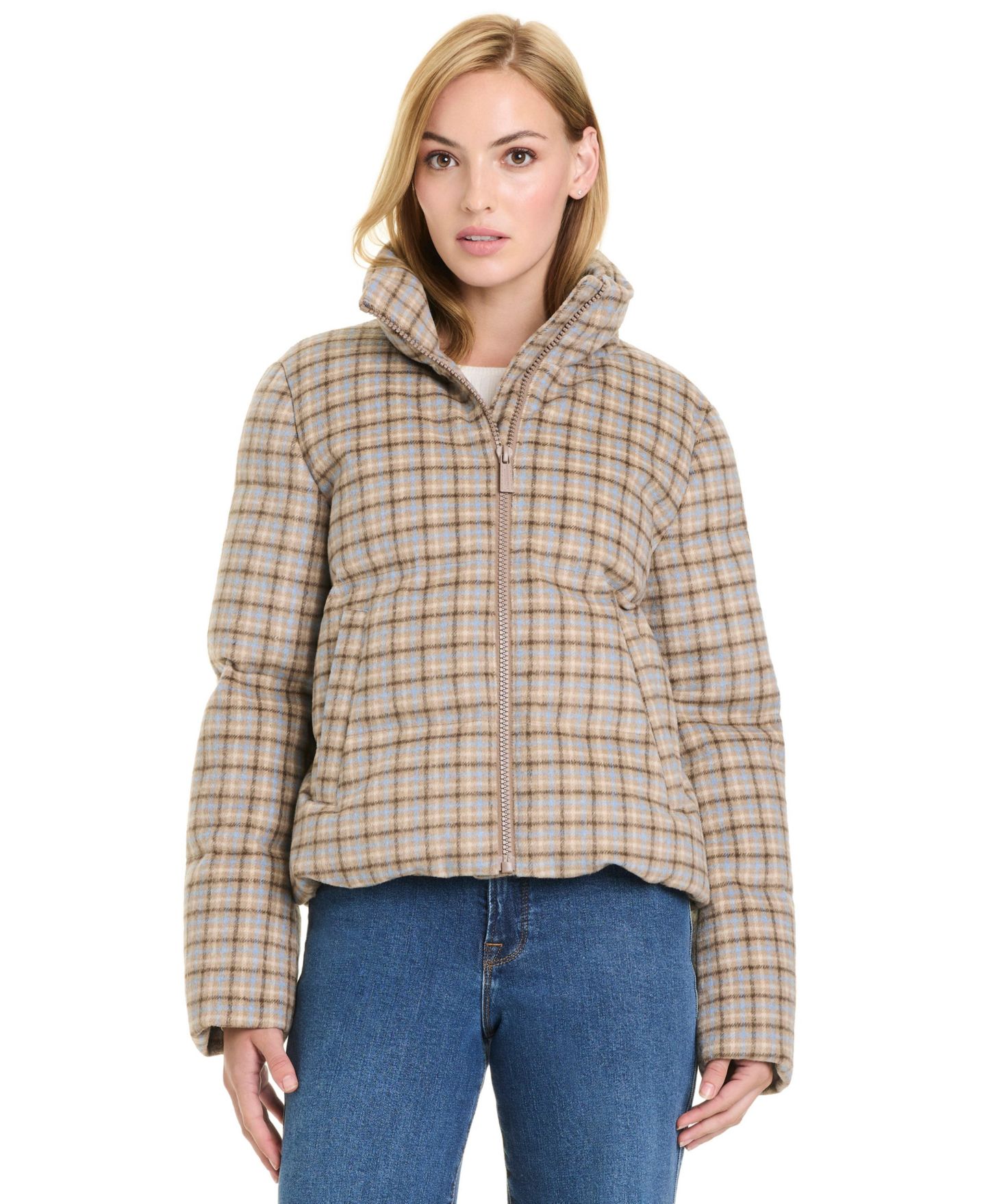 Женская куртка Sanctuary Water-Resistant Cropped Plaid Puffer, цвет: Синий / Коричневый клетчатый — фото 4