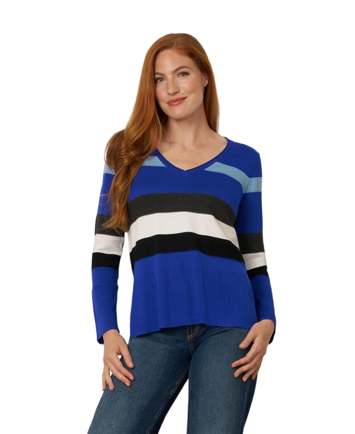 Cable & Gauge Women's Texture Stripe Striped V-Neck Long-Sleeve Sweater
