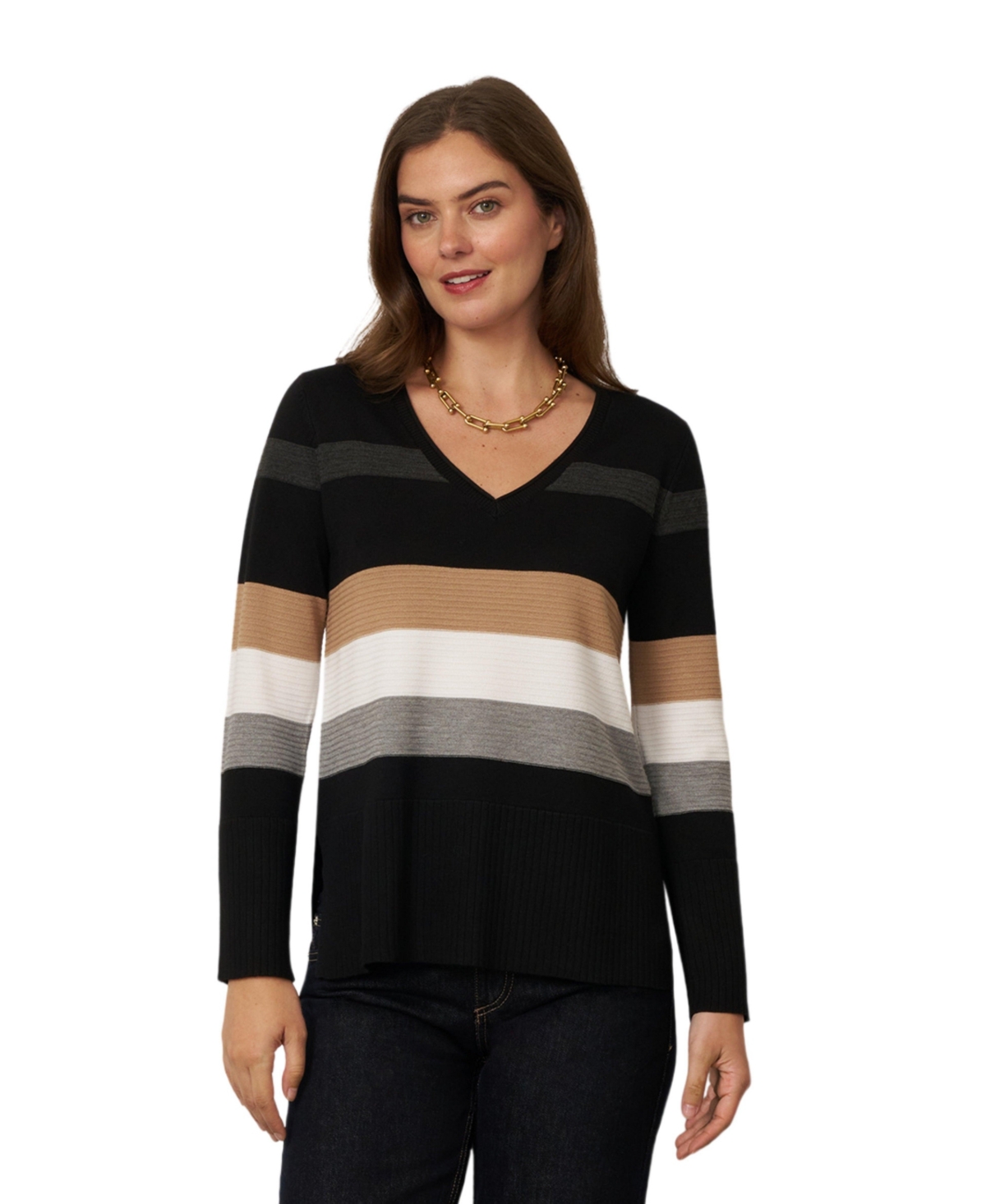 Cable & Gauge Women's Texture Stripe Striped V-Neck Long-Sleeve Sweater - Jet black combo