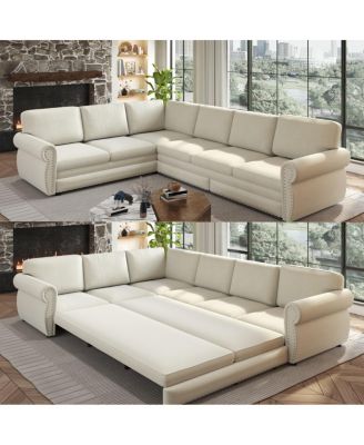118" L-Shaped Pull-Out Sleeper Sofa with Chenille Upholstery, Beige