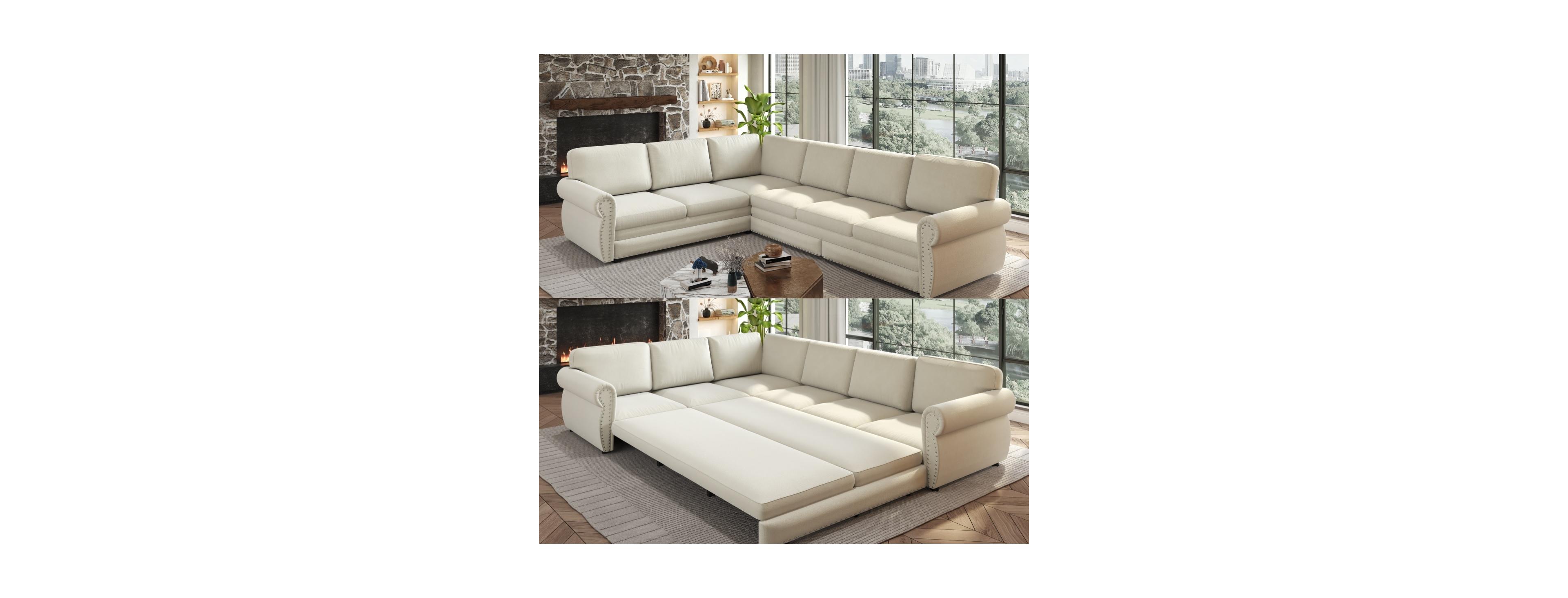 Streamdale Furniture 118" L-Shaped Pull-Out Sleeper Sofa with Chenille Upholstery, Beige