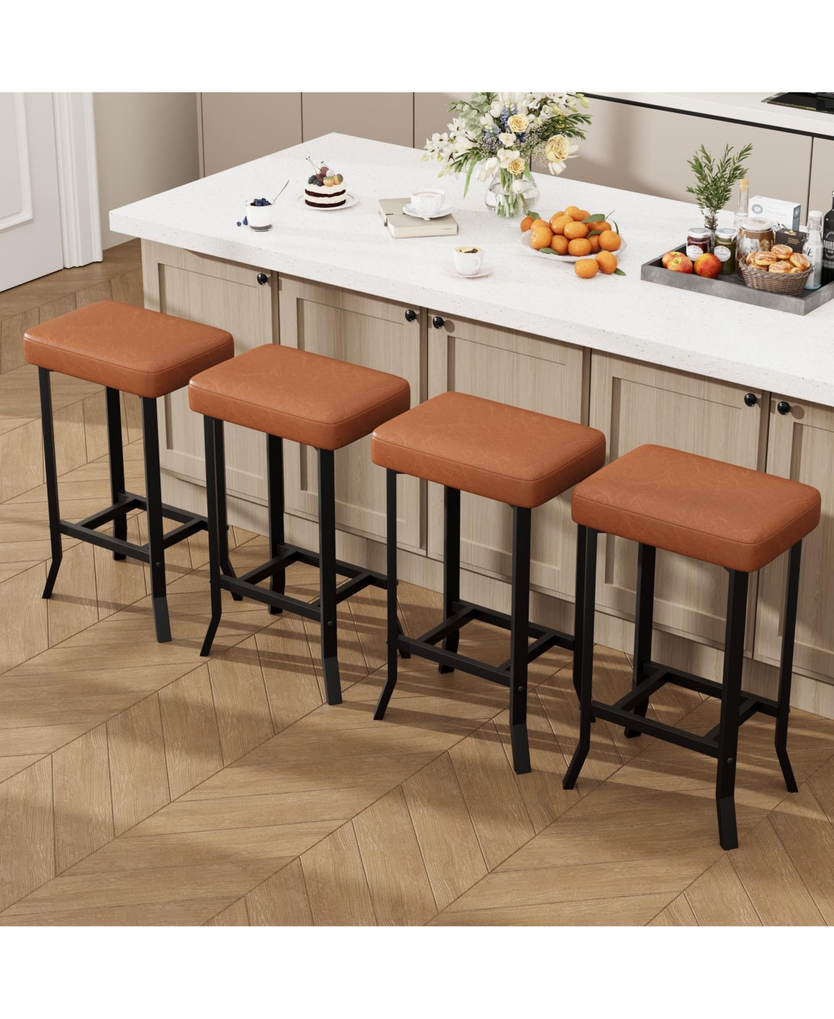 homfan Set of 4 Bar Stools 24 Inch Counter Height Faux Leather Irregular Metal Legs Space-Saving for Kitchen Dining Room Home Bar