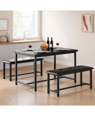 Industrial 44 Inch Rectangular Dining Table Set for 4 with 2 Upholstered Benches Metal Frame for Small Kitchen Apartment