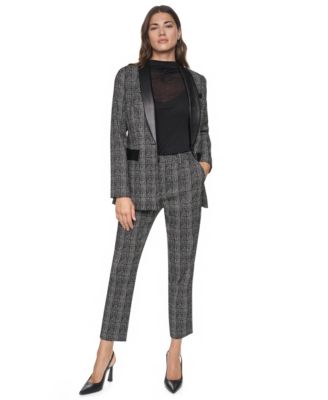 Dkny Womens Downtown Plaid Padded Shoulder Blazer Downtown Plaid Faux Leather Trim Ankle Pants