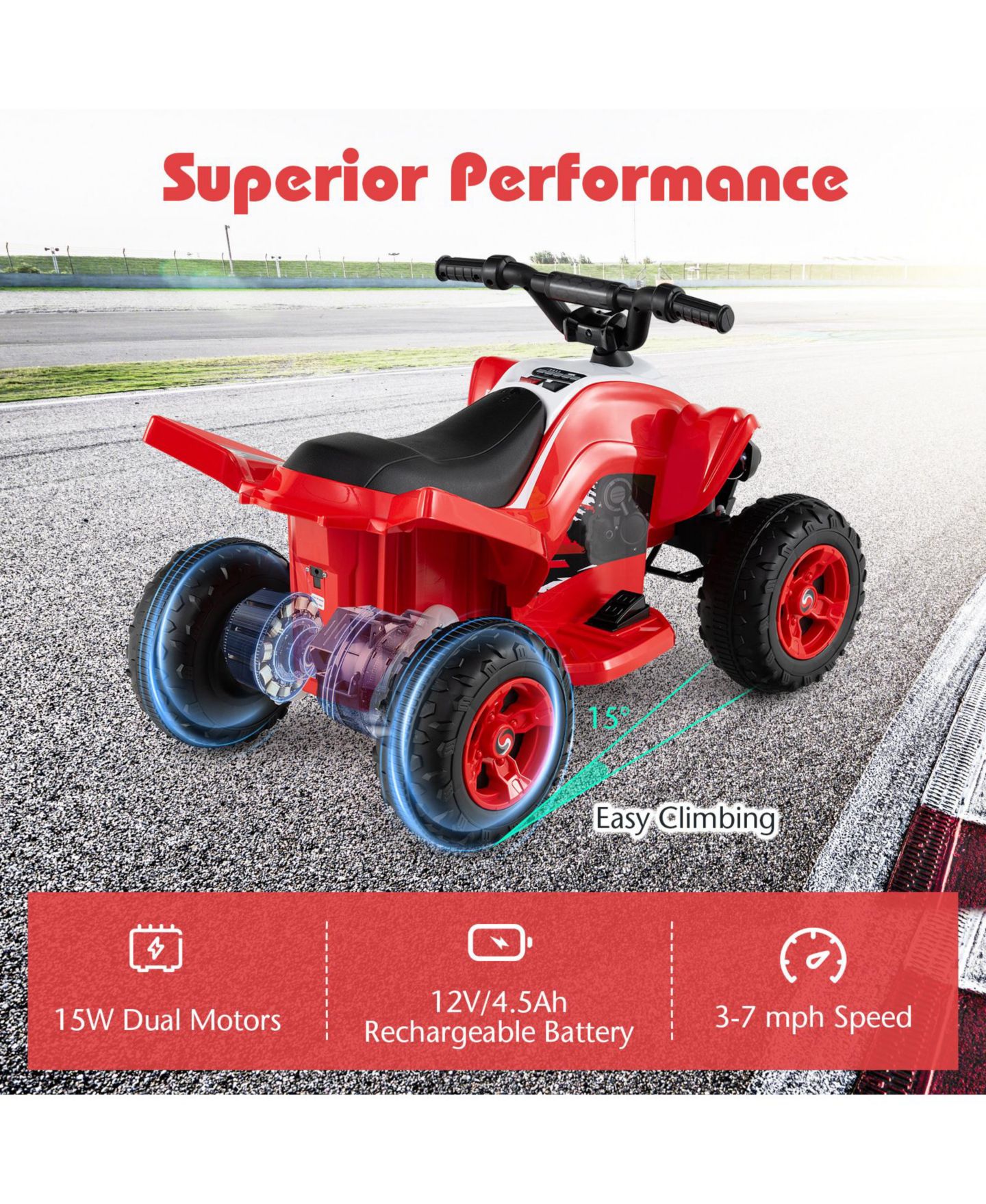 Детская игрушка SUGIFT 12V Rechargeable Ride-On ATV Quad with LED Headlights and 7 mph Max Speed, 66 lb Capacity, Ages 3+, цвет: Красный — фото 6