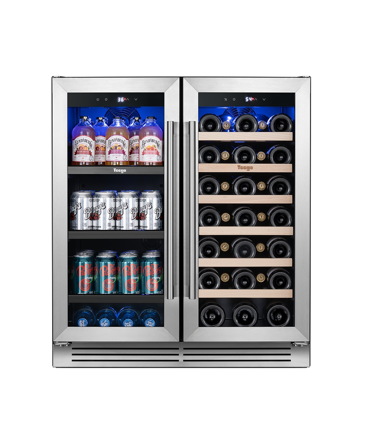 Yeego 30 Inch Dual Zone Beverage Refrigerator and Wine Cooler With Glass French Door Led Light Movable Rack Built-in 33 Bottles and 80 Cans Fridge