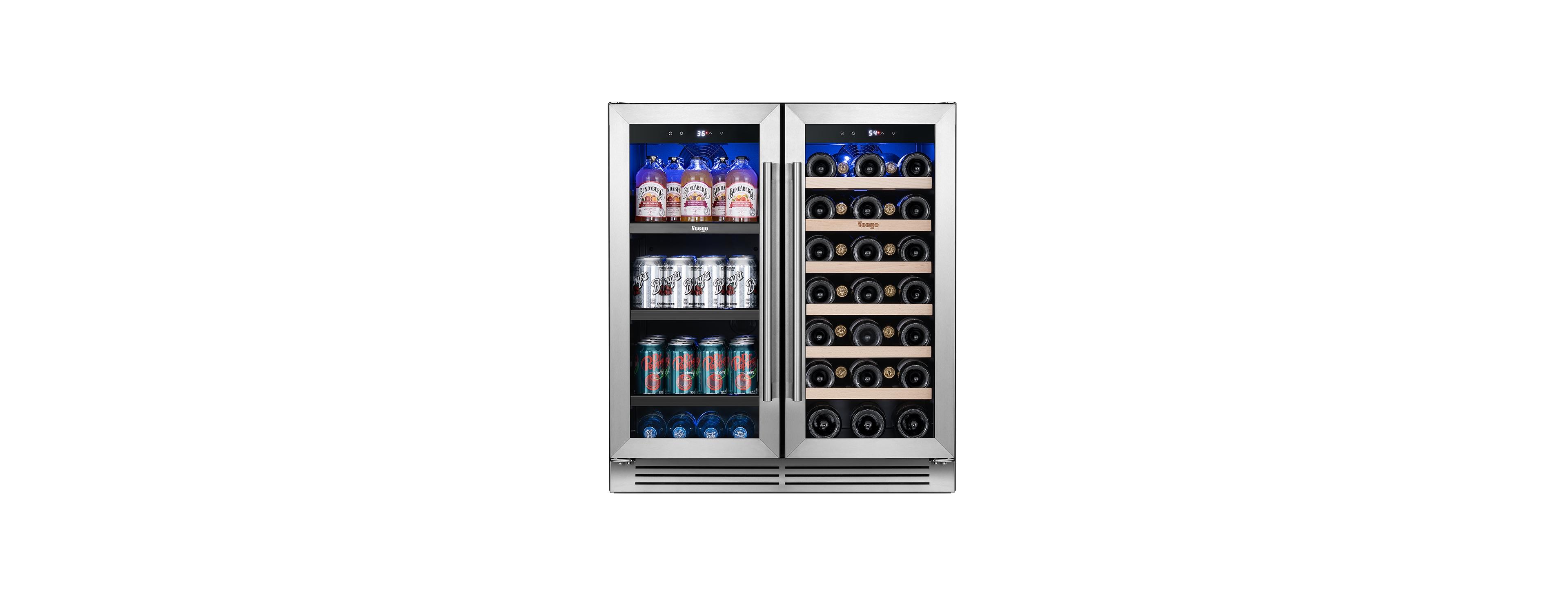 Yeego 30 Inch Dual Zone Beverage Refrigerator and Wine Cooler With Glass French Door Led Light Movable Rack Built-in 33 Bottles and 80 Cans Fridge