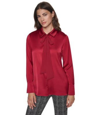 Women's Satin Long-Sleeve Chiffon Neck Tie Blouse
