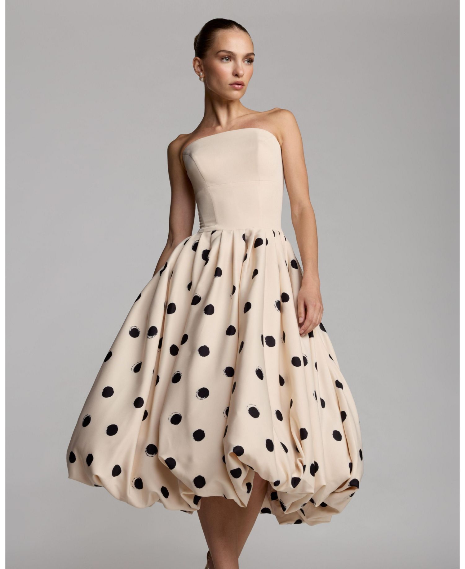 Women's Strapless Polka Dot Crepe Bubble Skirt Midi Dress