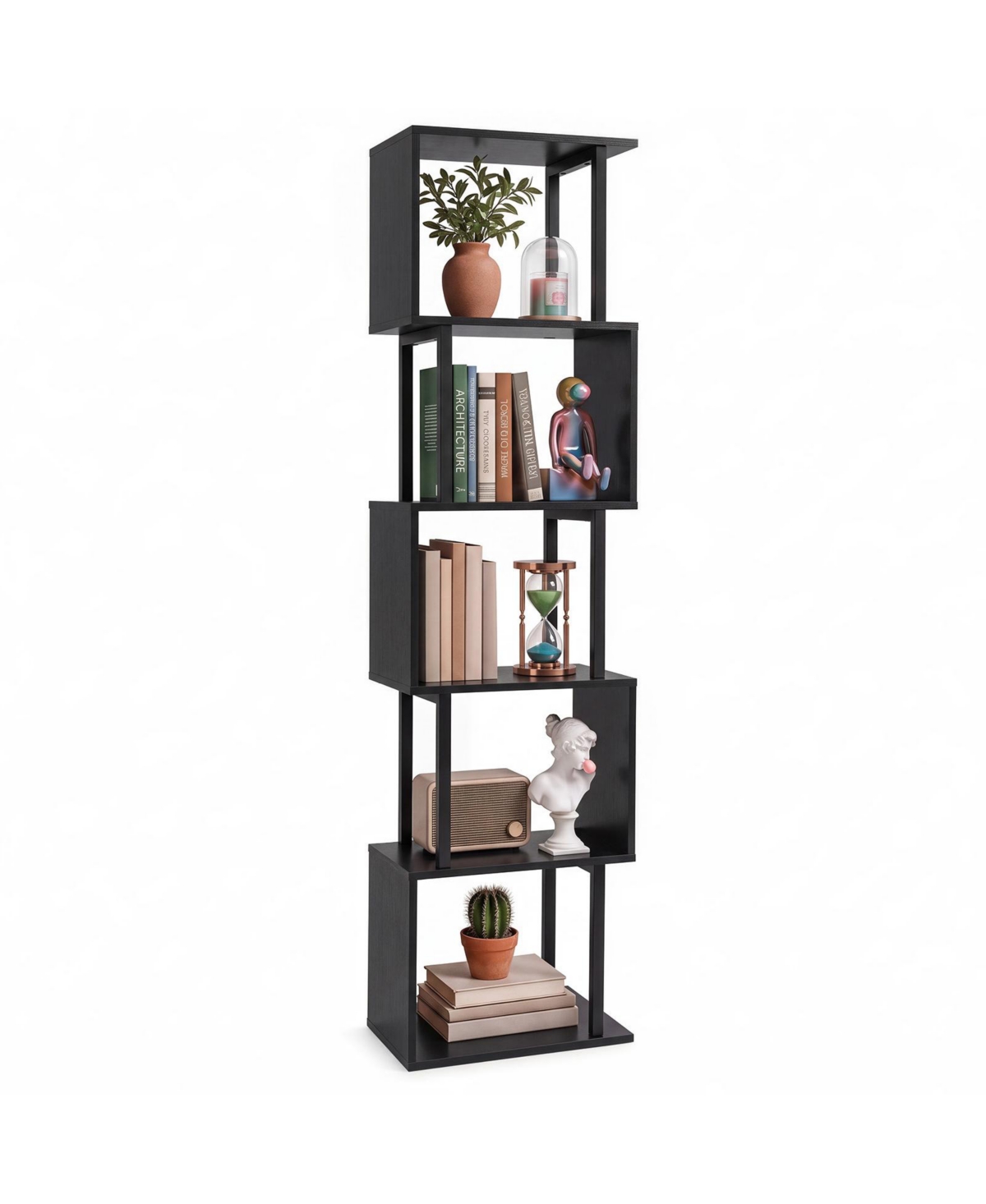 Costway - 1 PCS S-Shaped Bookshelf, 5-Tier Geometric Bookcase Corner Display Shelf for Office - Black
