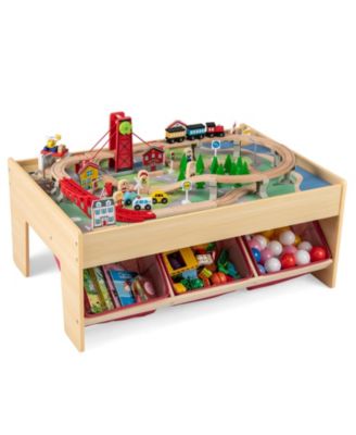 94 PCS Wooden Train Set Table w/Reversible Tabletops 3 Storage Bins Tracks Cars