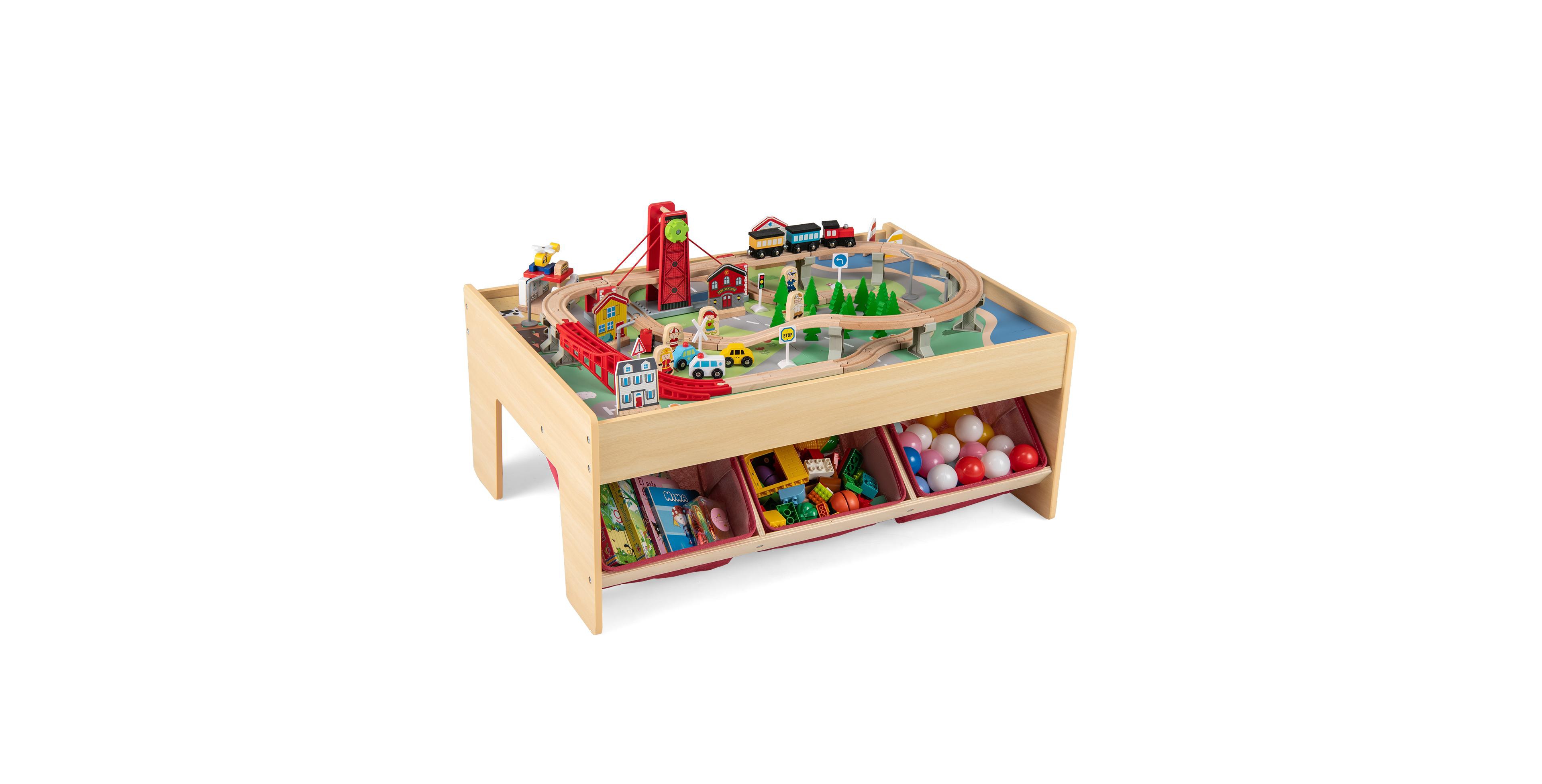 Gymax 94 Pcs Wooden Train Set Table w/Reversible Tabletops 3 Storage Bins Tracks Cars