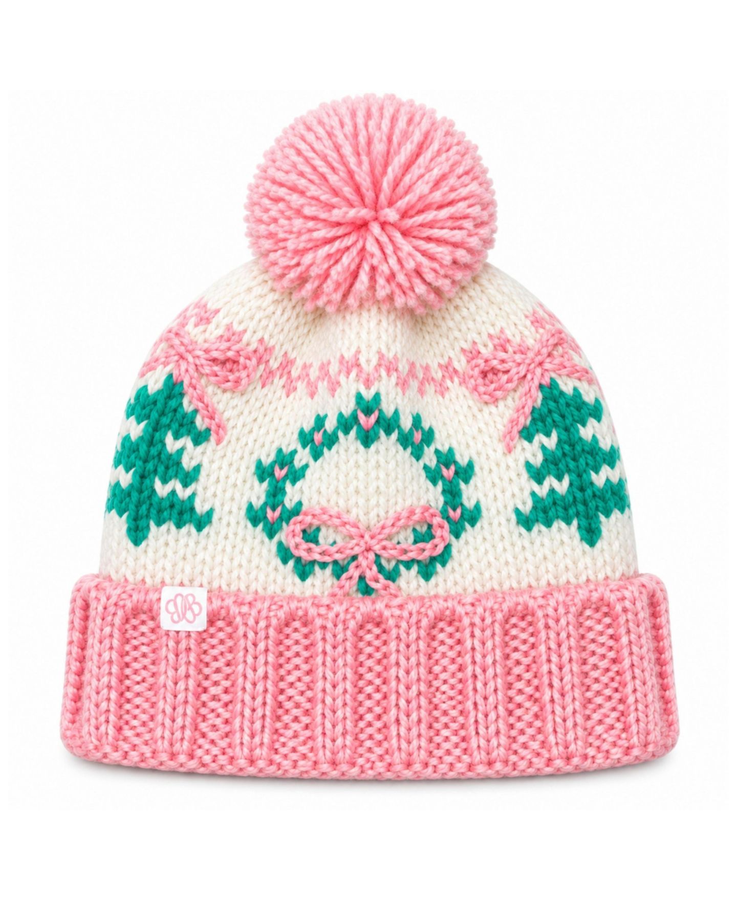 Шапка Bits & Bows Holiday Wreath Pom Beanie для девочек, цвет: Розовый / Белый — фото 1
