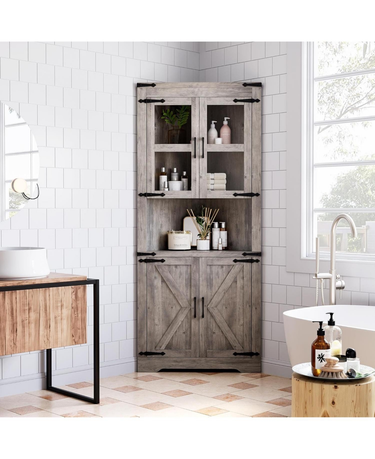 gaomon Senfot Tall Corner Storage Cabinet, Bathroom Floor Storage Cabinet with Doors and Adjustable Shelves - Natural