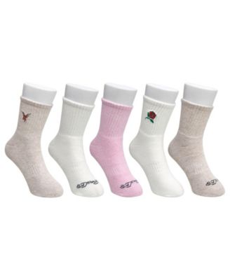 Women's Rose and Bird Embroidery Full Cushion Mid Crew Socks, 5-Pack