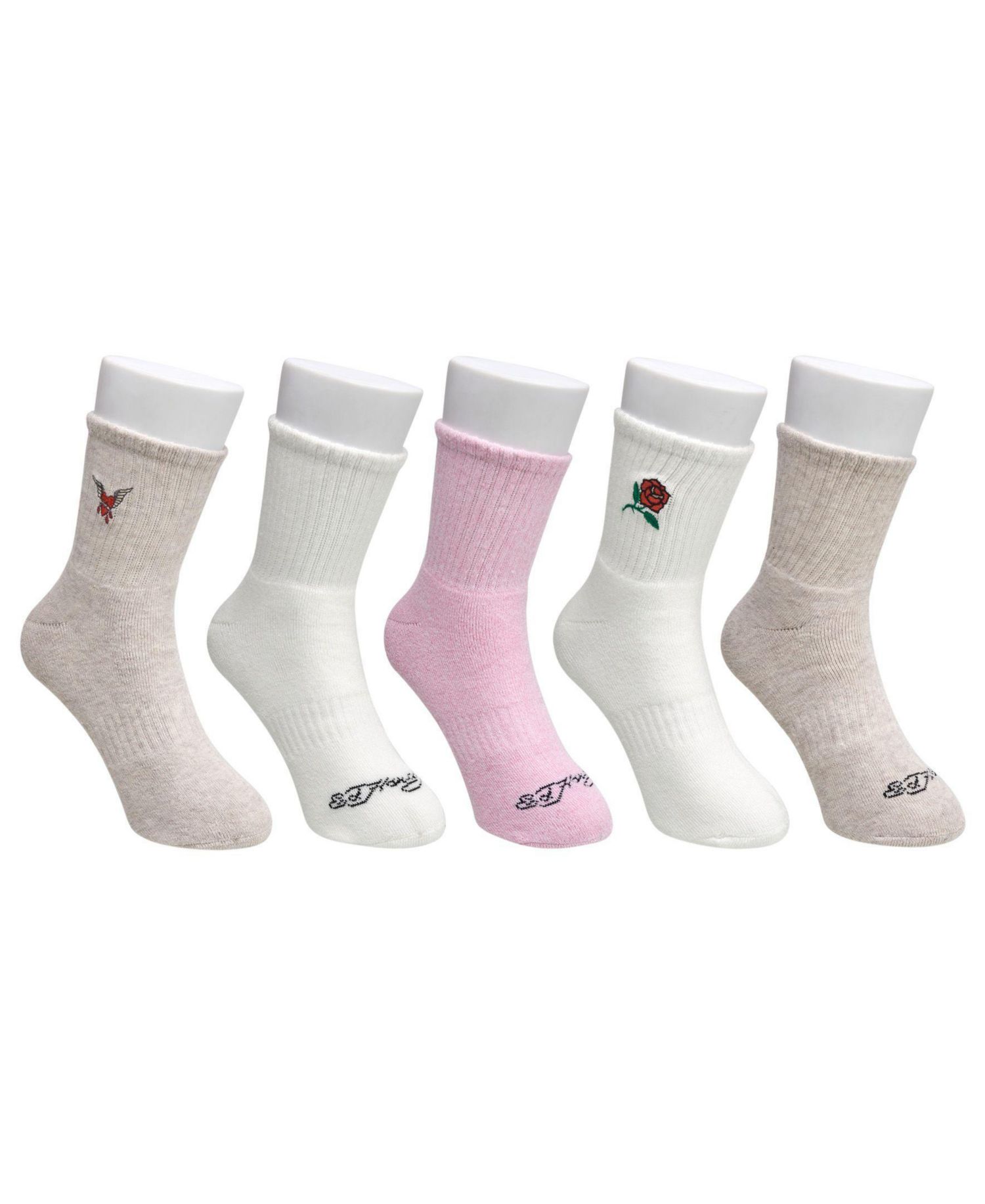 Women's Rose and Bird Embroidery Full Cushion Mid Crew Socks, 5-Pack