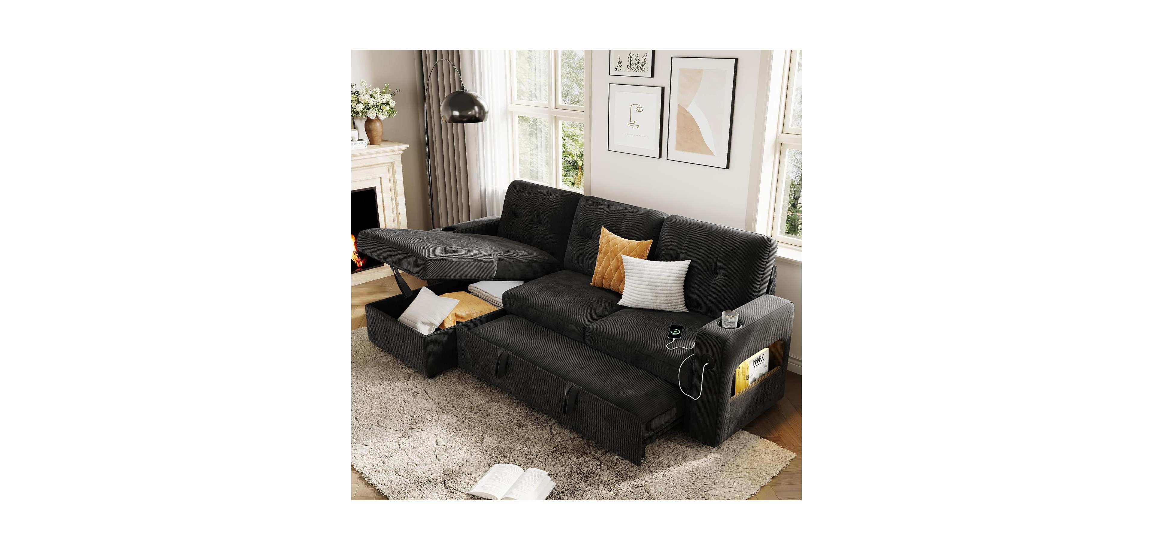 gaomon Modular Sofa with Storage, 84" Sleeper Sofa Bed Sectional Cloud Couch, L-Shaped Corduroy Fabric Couch with Usb Charging and Cup Holder