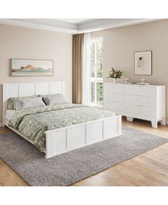 Fluted 6 Drawer Dresser Solid Wood Platform Bed 800 lb Support, Anti Tip, Noise Free, Modern Bedroom Set