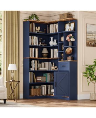Tall L Shaped Corner Bookshelf, 6 Tier Wooden Bookcase with Storage Cabinet and Drawer 74 Inch, Open Storage Display Shelf for Living Room