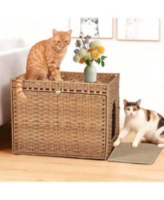 Rattan Cat Litter Box Enclosure with Removable Mat, Hidden End Table Cat Furniture, Easy Assembly, 27.5" x 20.5" x 22