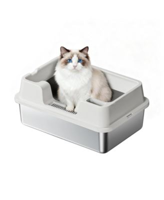 Stainless Steel Semi-Enclosed Cat Litter Box, High Sided Anti-Splash Tray with Detachable Pan