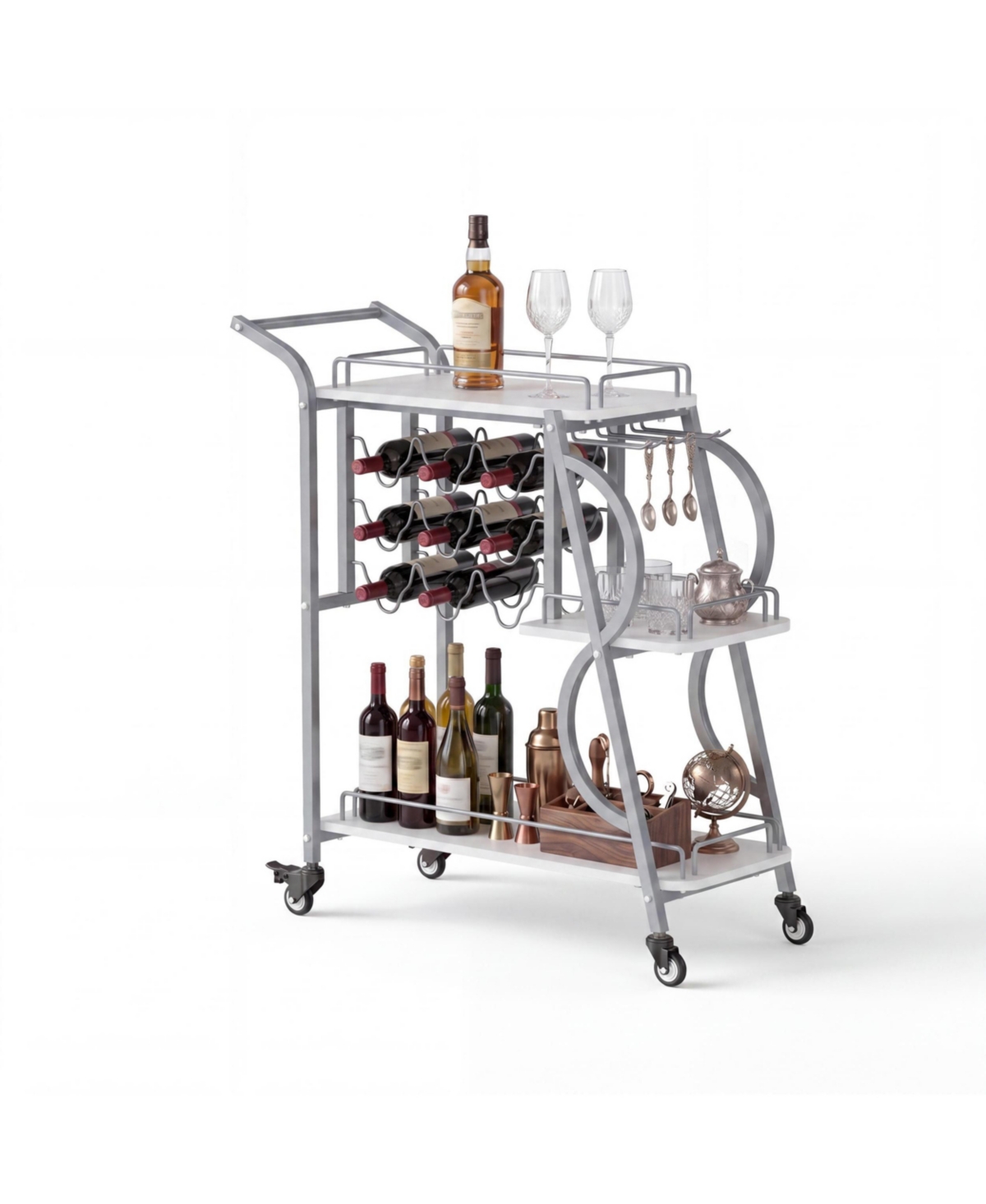 gaomon 3 Tier Rolling Bar Cart with Wine Rack and Stemware Holder, Home Serving Cart with Lockable Wheels