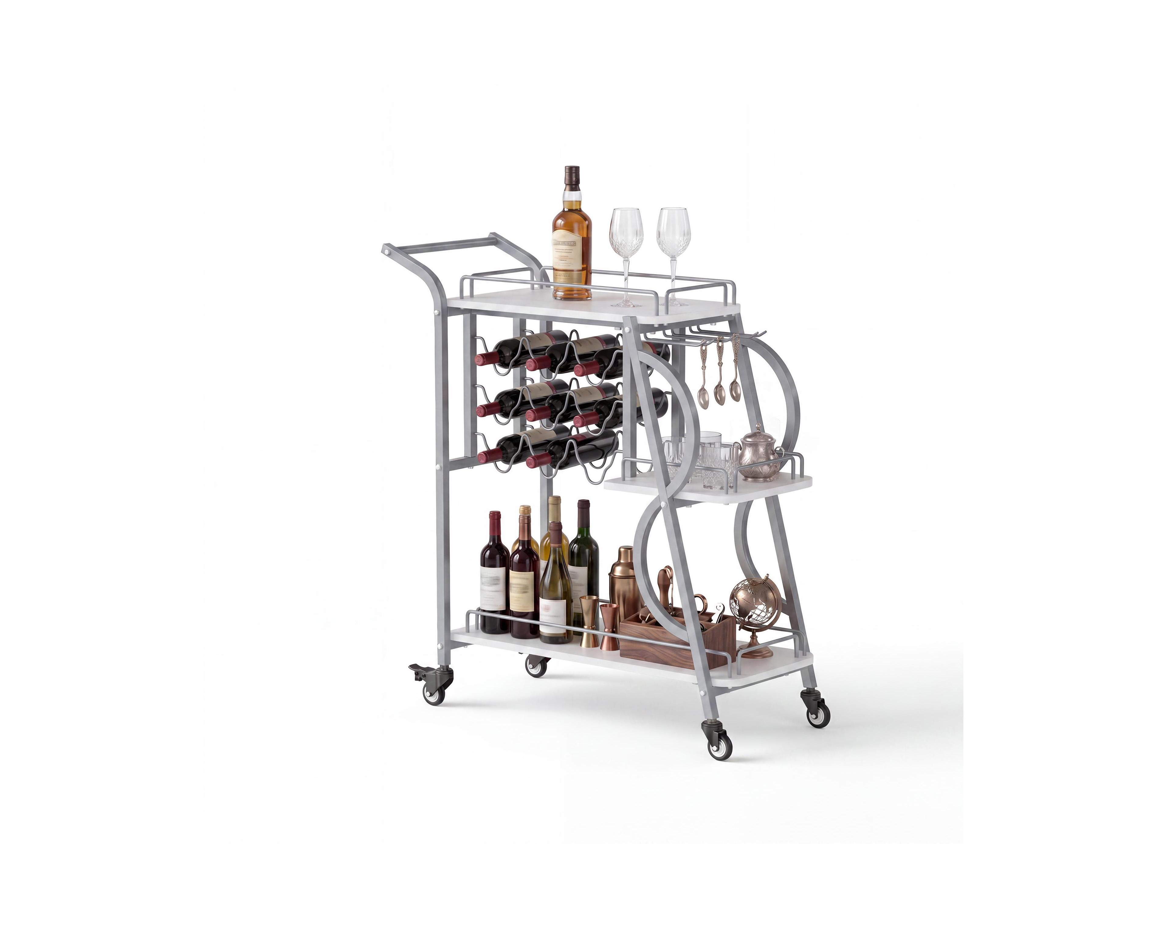 gaomon 3 Tier Rolling Bar Cart with Wine Rack and Stemware Holder, Home Serving Cart with Lockable Wheels