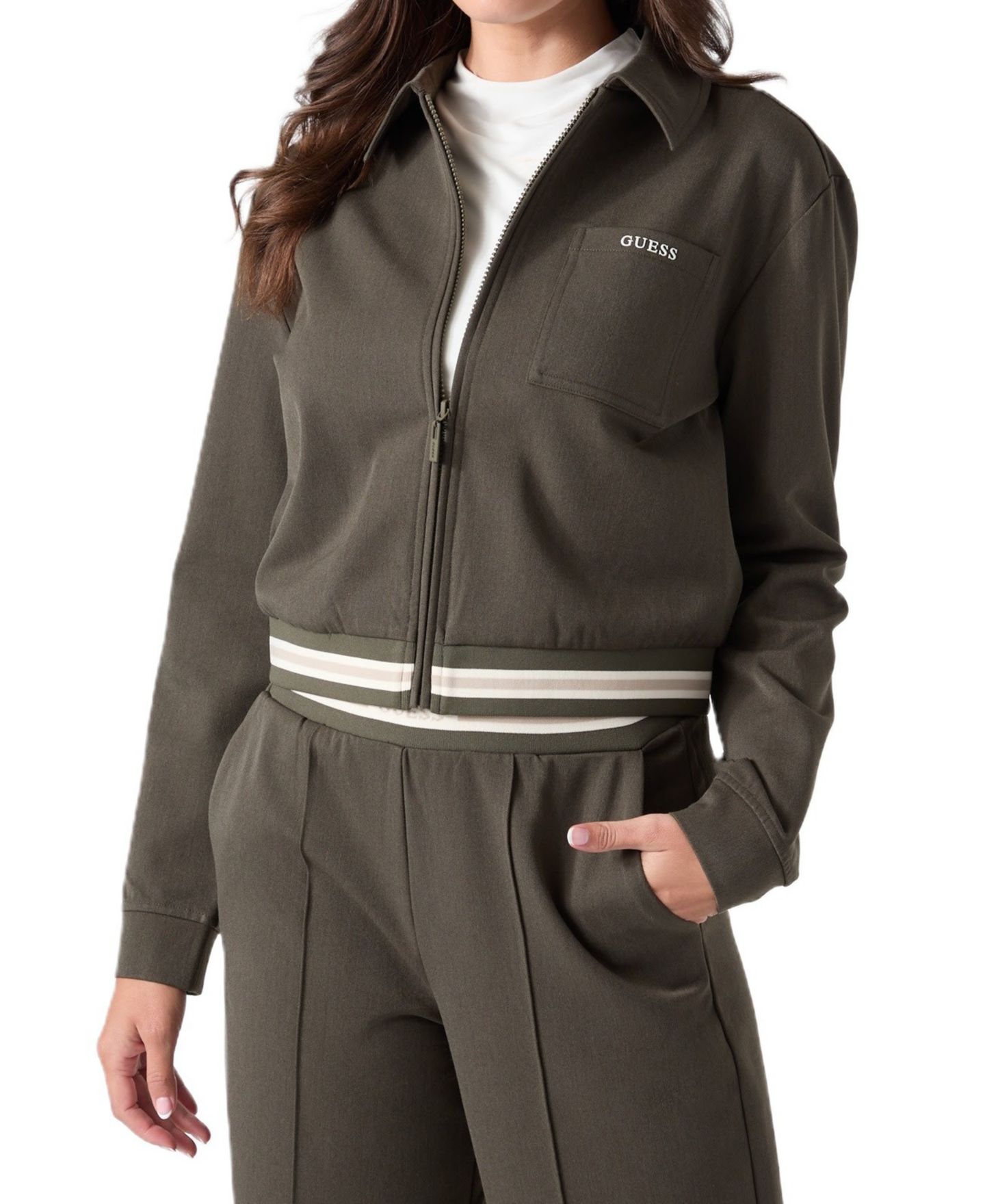 Женская куртка GUESS Goliarda Full-Zip Cropped High-Neck, цвет: Тёмный дубовый меланжевый — фото 1
