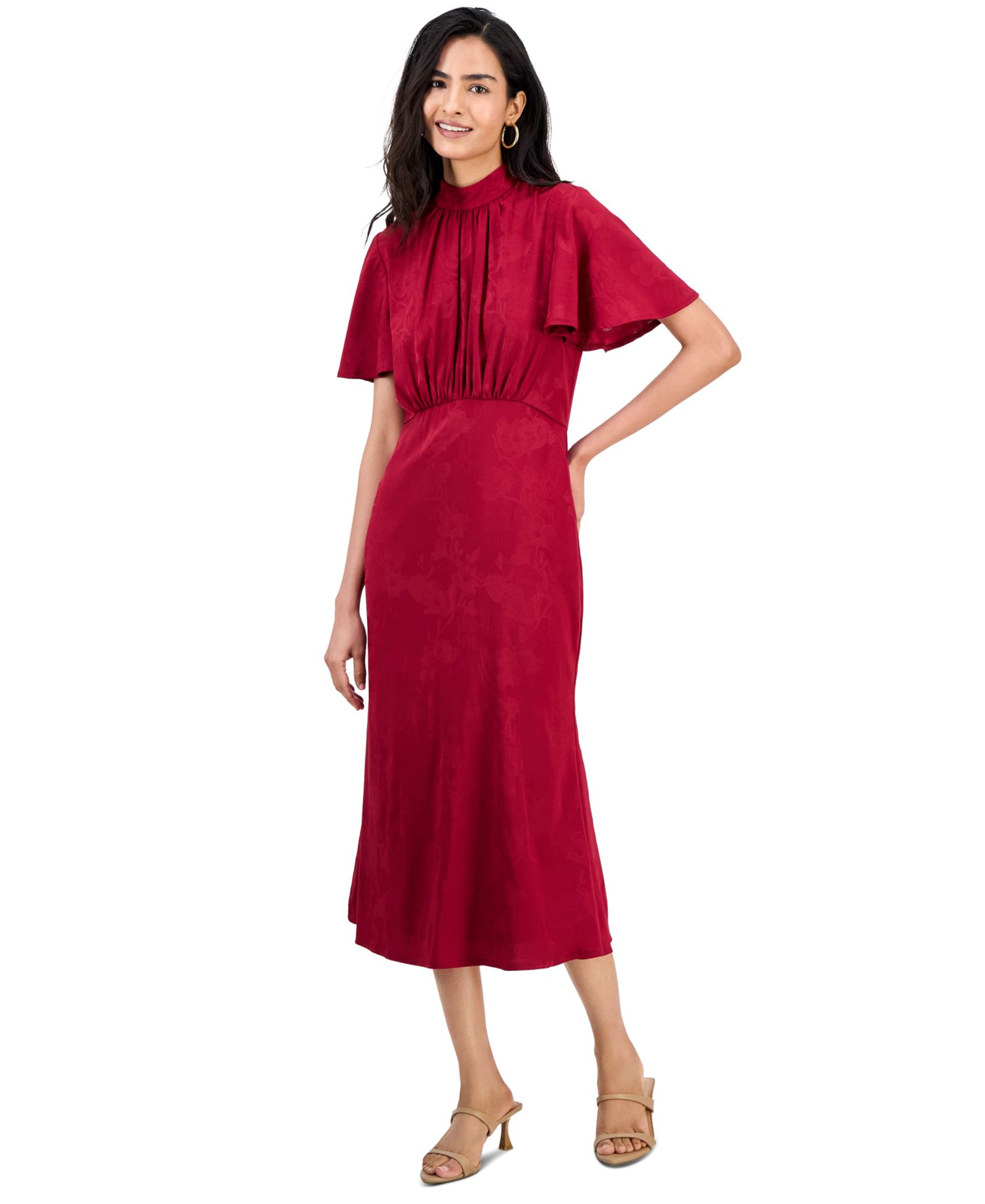 Women's High-Neck Flounce-Sleeve Midi Dress