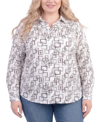 Plus Size Foil Print 3/4-Sleeve Roll-Tab Collared Blouse