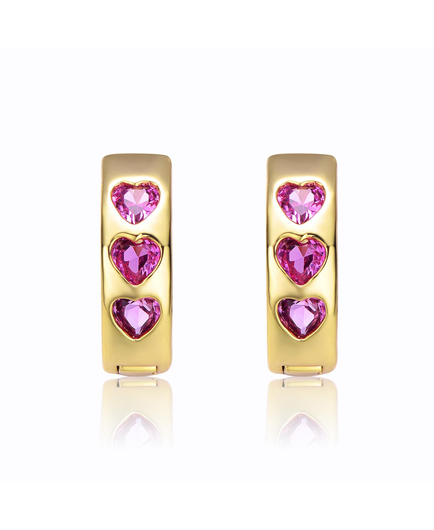 Sparkling 14K Gold Plated Triple Pink Heart Cubic Zirconia Hoop Earrings
