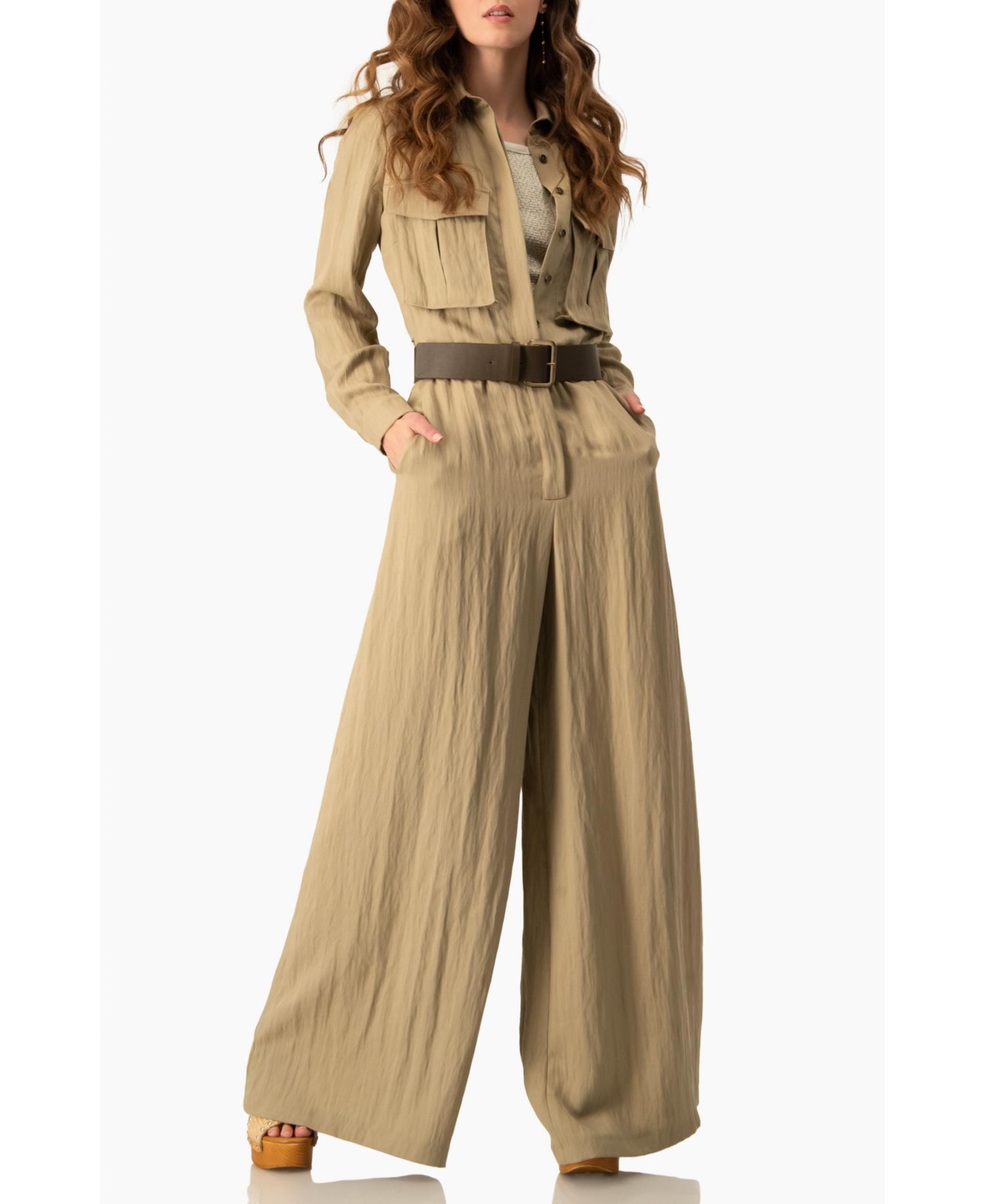 Women's Long Sleeve Button-Front Safari Utility Wide-Leg Jumpsuit