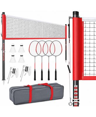 Outdoor Badminton Net Set Anti Sag Winch System 4 Rackets Carry Bag