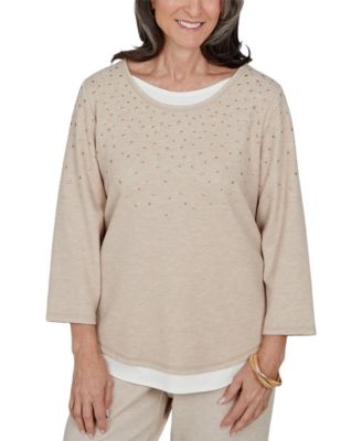 Women's 3/4-Sleeve Crew Neck Embellished Knit Top
