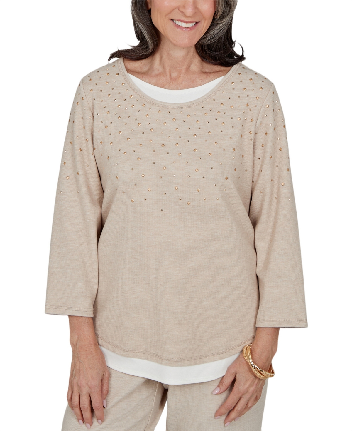 Alfred Dunner Women's 3/4-Sleeve Crew Neck Embellished Knit Top