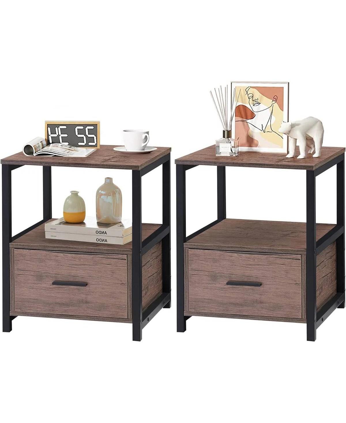 Slickblue Set of 2 Metal Wood Side Tables with Storage Drawer for Bedroom