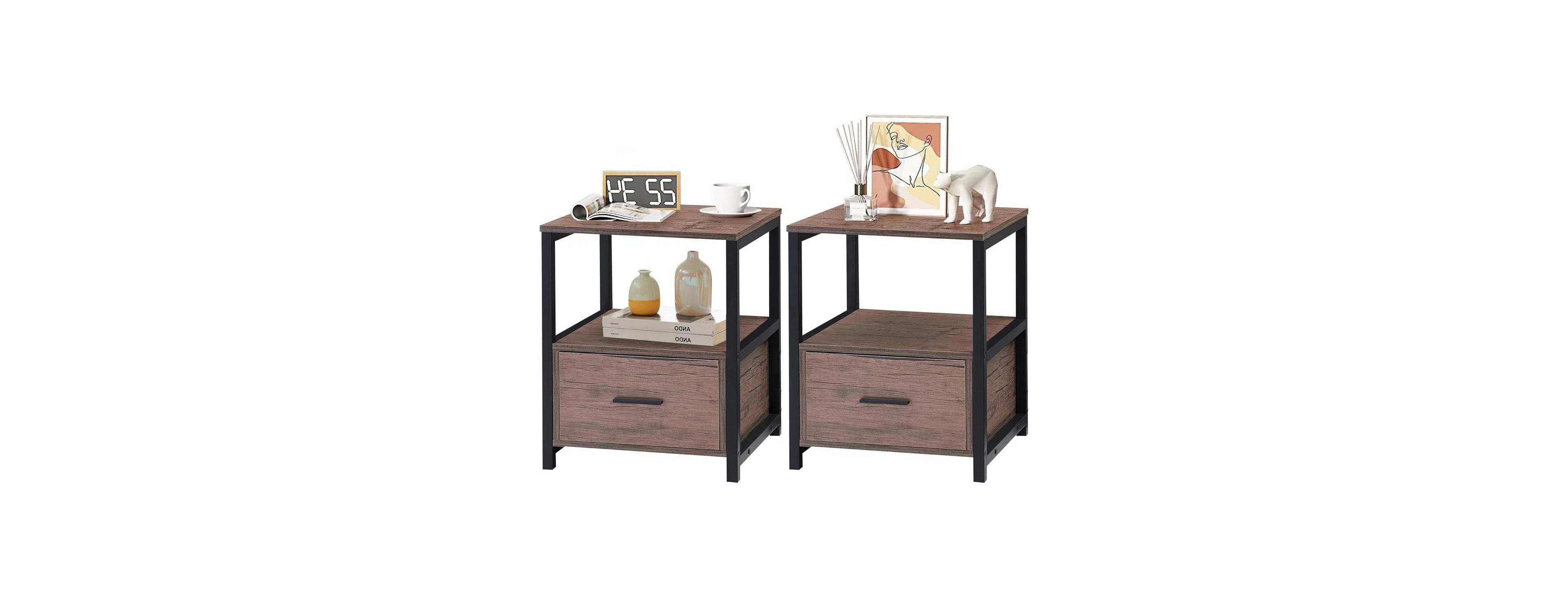 Slickblue Set of 2 Metal Wood Side Tables with Storage Drawer for Bedroom