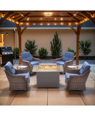 7-Piece Patio Furniture Set with Fire Pit Table, PE Wicker Rattan Swivel Rocker Chairs and 6" Thick Cushions Chairs