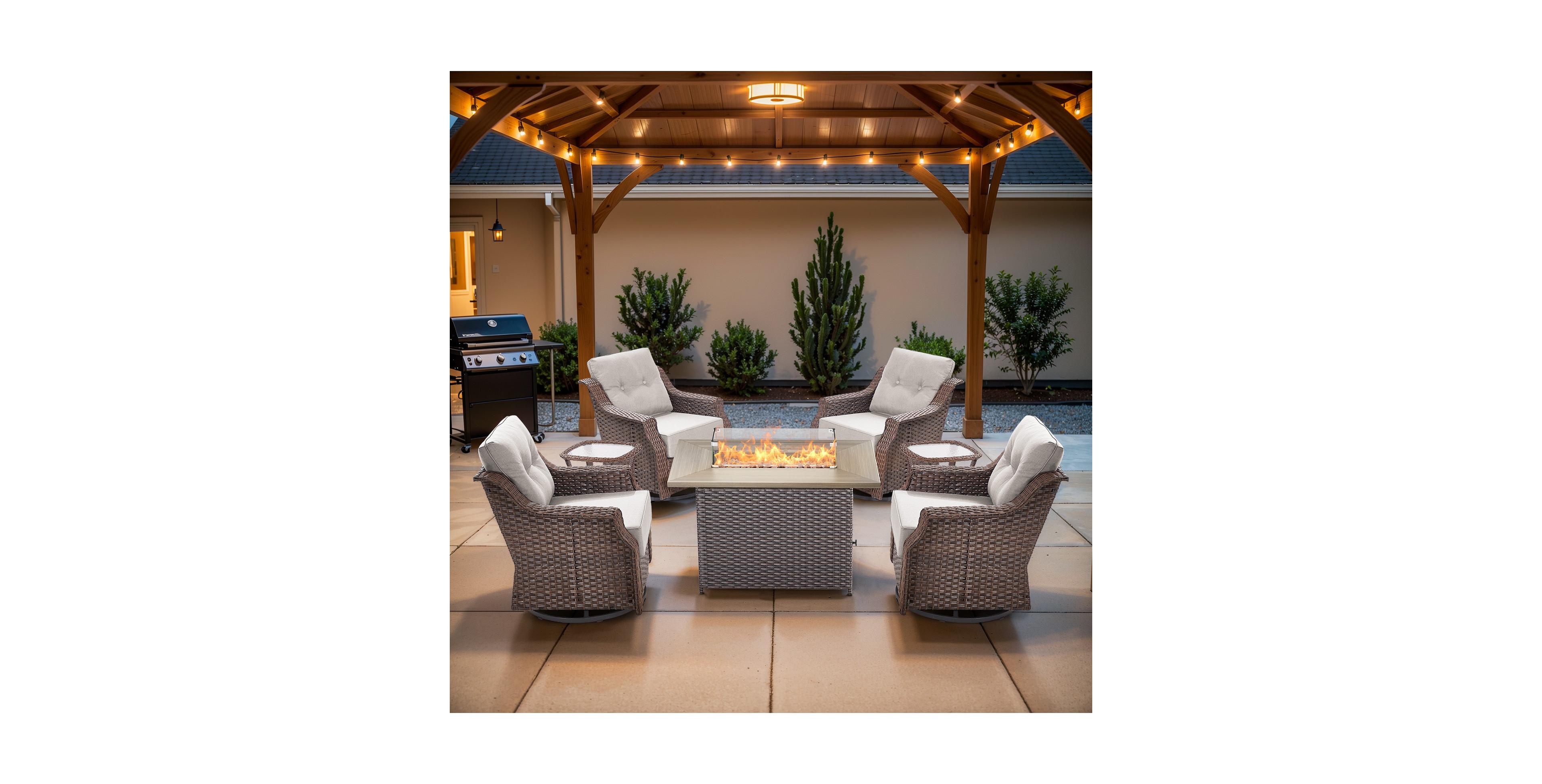 Pocassy 7-Piece Patio Furniture Set with Fire Pit Table, Pe Wicker Rattan Swivel Rocker Chairs and 6" Thick Cushions
